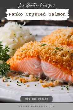 salmon fillets with parmesan crumbs on a white plate