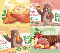 three posters with different foods and animals on them, including meats, noodles, vegetables, and fruit