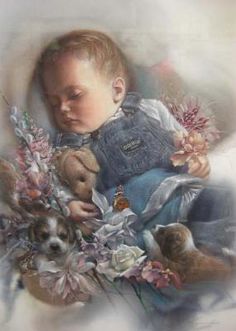 a painting of a baby with flowers and the words goetinag leker slap