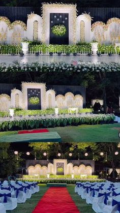 an outdoor ceremony setup with blue and white chairs, flowers and greenery on either side