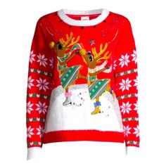 a red and white sweater with reindeer on it