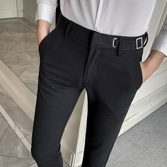 ﾠ ﾠ Black Dress Pants With Pockets For Business, Black Slim Fit Dress Pants With Pockets, Black Slim Fit Ankle-length Dress Pants, Black Slim Fit Work Pants With Pockets, Slim Fit Ankle-length Black Pants, Black Slim Fit Bottoms For Work, Black Full-length Pants For Business Casual, Casual Ankle-length Business Bottoms, Casual Fall Business Bottoms