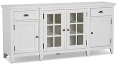 a white cabinet with glass doors and drawers