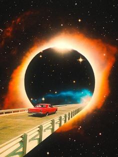 a red car driving through a black hole in the sky