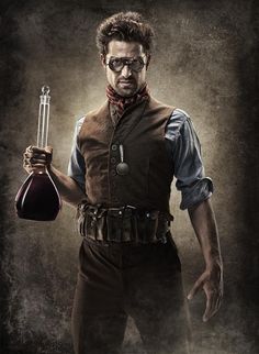 a man in steam punk clothing holding a beakle and flask with an evil look on his face