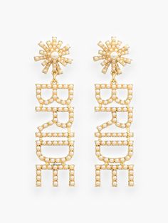 Get ready to say "I do" in style with the Gold Bride Pave Drop Earrings! These trendy gold drop earrings spell out "bride" and are perfect for adding just the right amount of charm to your bridal look. The push back closure ensures a secure and comfortable fit. These earrings are the perfect accessory for the bride-to-be who wants to add a touch of sparkle to her special day. With their elegant design and delicate pave details, these earrings will make you feel like the belle of the ball. Walk down the aisle with confidence and style in these stunning earrings. Features: Gold drop earrings with "bride" inscription for a trendy and charming look. Push back closure for a secure and comfortable fit. Delicate pave details for added sparkle. Perfect accessory to elevate your bridal look. Elegan Bridal Look, Stunning Earrings, Walking Down The Aisle, Gold Drop Earrings, Bridal Looks, Bridal Style, Make You Feel, Special Day, Elegant Design