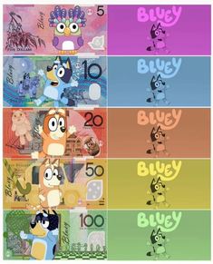 the cartoon characters are depicted in four different colors and font styles, each with their own character