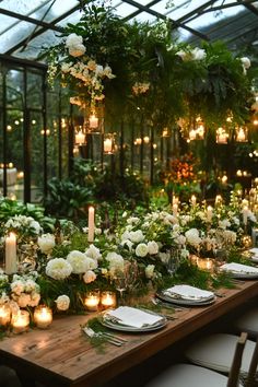 a long table with candles and flowers on it in the middle of a room filled with greenery