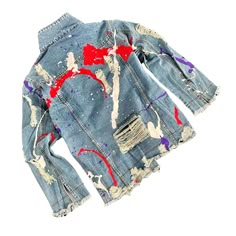 DESCRIPTION EACH PIECE IS MADE TO ORDER, HAND PAINTED BY GLORIA AND HER TEAM IN THEIR NYC STUDIO PRODUCT DESCRIPTION Blue denim wash. Chic yet minimal design - allows us to keep the price down! Paint splattered across entire jacket in thick & thin drops, with purple, red and white. Signed @wrenandglory. Due to each piece being hand painted, each jacket might have slight differences. Limited edition. FIT Super oversized fit. Cut a bit larger than our other fits. Distressing throughout. Solid, com Candy Clothes, Cool Graffiti, Diy Denim Jacket, Custom Denim Jacket, Painted Denim Jacket, Painted Jacket, Upcycled Clothes, Denim Inspiration, Diy Fashion Accessories