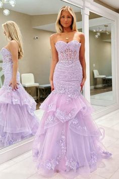 Prom Dresses Lavender, Purple Ball Gown, Tiered Prom Dress, Popular Prom Dresses, Beaded Mermaid, Strapless Long Dress, Matric Dance, Ruffle Beading, Prom Dress Ideas