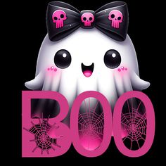 a cartoon ghost with pink eyes and black bow on it's head sitting in front of the word boo