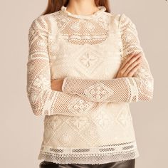 Brand - Rebecca Taylor Size - 8 Msrp: $325.00 New With Tags Color - Alabaster 145 Approximate Measurements: Pit To Pit - 18 Inches Length - 26 Inches Designer Long Sleeve Cream Tops, Designer Beige Tops For Spring, Designer Cream Tops For Spring, Crochet Lace Blouse, Ruffle Long Sleeve Blouse, Mesh Embroidery, Feminine Wardrobe, White Long Sleeve Blouse, Leopard Print Top