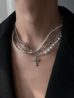 [CHEALIMPID] California Cross Multi-Layer Pearl Necklace na936