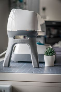 a white chair sitting on top of a table next to a potted cactus in front of it