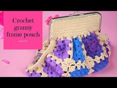 a crochet granny frame pouch is shown with flowers on the inside and outside