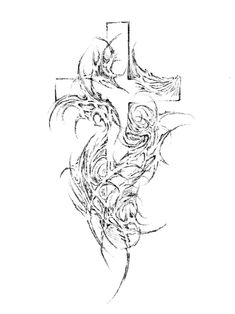 a drawing of a cross with flowers on it