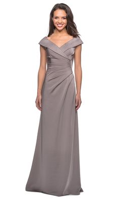 La Femme - Ruched Wide V Neck Evening Dress 26523SC – Couture Candy Mother Of The Bride Dresses Long, Mother Of Groom Dresses, Mob Dresses, Pleated Bodice, Stunning Gowns, Floor Length Gown, Satin Gown, Bride Style, Groom Dress