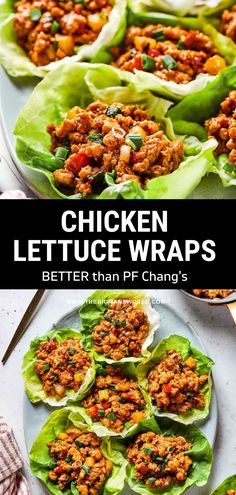 chicken lettuce wraps on plates with the title