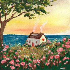 a painting of a house by the ocean with pink flowers and trees in front of it