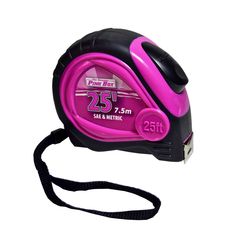 a pink and black measuring tape with the number twenty five on it's side