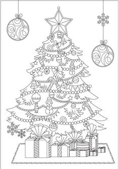 a christmas tree with presents under it and ornaments hanging from the top, in black and white