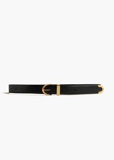 BAMBI BELT IN GOLD AND BLACK LEATHER FRONT VIEW Khaite Bambi Belt, Designer Black Belt With Buckle Closure, Designer Black Belt With Gold Buckle, Luxury Gold Belt With Brass Buckle, Black Leather Belt Buckle With Brass Detail, Suede Belt, Black Belt, Polished Brass, Leather Belt