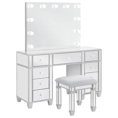 a white vanity with stool and mirror on the top shelf is shown in front of a white background