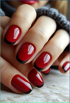 It can be anything, as long as it's holiday-themed! Red And Black Fingernails, Red Nails Black Design, Italian Nail Designs, Black And Red Nail Ideas, Red Black Nails Designs, Red Black Nail Art, Black And Red Nails Ideas, Red And Black Nail Art, Gingerbread Man Designs