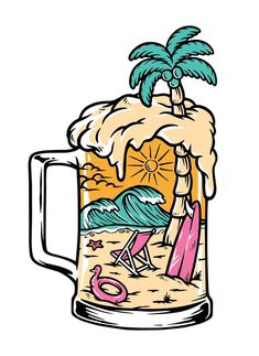 a beer mug with a beach scene on the inside and palm trees in the background