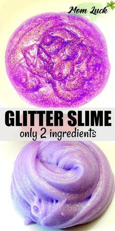 two different types of soap with the words glitter slime only 2 ingredients