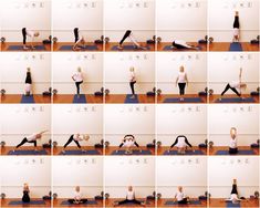 a woman doing yoga poses with her hands in the air and one leg up on a mat