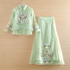 Fake Two-piece Long Sleeve Sets For Spring, Embroidered Floor-length Spring Sets, Spring Long Sleeve Fake Two-piece Sets, Festive Floor-length Cotton Sets, Tang Suit Woman, Spring Single-breasted Cotton Suit, Late Tang Dynasty Clothing, Tang Suit, Half Skirt