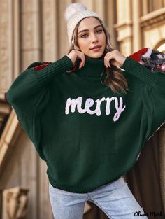 Olivia Mark - Valentines Day Loose Fit Knitted Sweater with Batwing Sleeves and High Neckline for Outerwear Batwing Sleeve Sweater, Dolman Sleeve Sweater, Christmas Green, Ladies Turtleneck Sweaters, Estilo Chic, Loose Pullover, High Neck Sweater, Womens Turtleneck, Women Sleeve