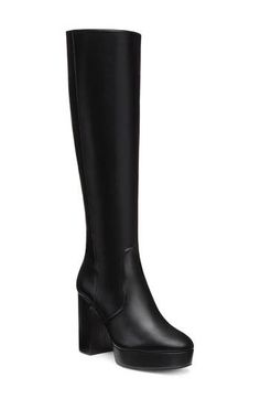 A chunky platform and soaring block heel add statement-making height to a knee-high boot fashioned with a side zipper for easy entry. 3 3/4" heel; 3/4" platform 15 1/4" shaft Side zip closure Leather upper/synthetic and leather lining/leather sole Made in Spain Black Knee High Platform Boots, Platform Black Boots, Platform Boots Women, Block Heel Boots, Black Knees, Chunky Platform, Platform Boots, Boot Shoes Women, Stuart Weitzman