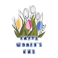 happy women's day card with tulips and flowers