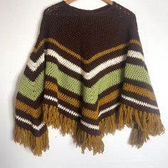 Vintage Handmade Crochet Brown Green Shawl Fringe Retro one size excellent pre owned condition boho, hippie, autumnal >> one size >> 25 x 56" Crochet Brown, Green Shawl, Fringe Poncho, Fringed Poncho, Boho Hippie, Handmade Crochet, Columbus, Scarf Wrap, Scarf Accessory