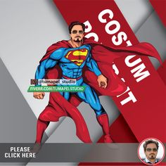 a man in a superman costume with a red cape over his head and the words, gosst please click here