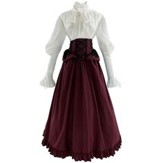 PRICES MAY VARY. Package Included - 1* Victorian blouse; 1* Maxi skirt. Material - The victorian blouse is made of satin, glossy textured fabric, very noble and elegant. The retro skirt is made of polyester, very soft and comfortable to wear, heavy hem and not see-through. Features - Elegant V-neck, the front ribbon can be tied into a large bow, lantern sleeve with drawstring ruffle cuffs, and lace-up on the back to adjust the waist. The corset belt-style victorian skirt is full length and can a Victorian Skirts, Victorian Winter Dress, Victorian Dresses, Victorian Outfit, Red Victorian Dress With Historical Design, Black And Red Victorian Dresses, Gothic Victorian Dress With Ruffles For Cosplay, Victorian Vampire Costume, Modern Victorian Fashion