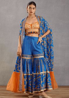 Sharara Jacket, Jacket Sharara, Printed Sharara, Persian Blue, Traditional Indian Outfits, Sharara Set, Pattern Embroidery, Indian Fashion Designers, Orange Fabric