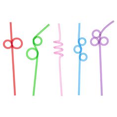 four different colored straws with handles on them