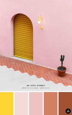 a pink building with yellow shutters and a cactus