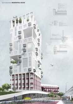 an architectural rendering of a tall building with balconies and plants growing on it