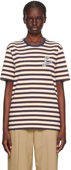 Cotton jersey T-shirt. Stripes throughout. · Rib knit crewneck · Logo and graphic printed at chest Supplier color: Navy/White/Fox Striped Crew Neck Top With Logo Print, Striped Graphic Print Crew Neck Top, Shirt Stripes, Striped T Shirt, Knit Crewneck, White Fox, Jersey T Shirt, Navy White, Logo Print