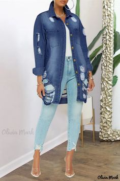 Olivia Mark - Baby Blue Casual Solid Overcoat with Ripped Turndown Collar, Ideal for Plus-size Individuals Dark Blue Fashion, Longline Denim Jacket, White Plus Size Dresses, Casual Tie, Stylish Baby, Stylish Plus, Plus Size Jumpsuit, Turndown Collar, Casual Stripes