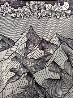 an ink drawing of mountains and clouds