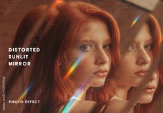 two women with red hair are looking at each other in front of a mirror that says distorted sunlit mirror photo effect