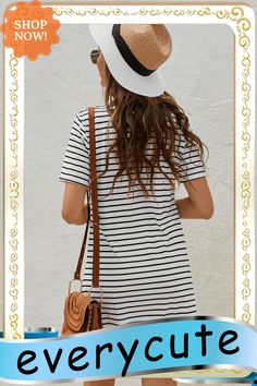 Crew Neck Striped T-shirt Mini Dress with Tassel Summer Crew Neck Dress, Casual Crew Neck Dress For Vacation, Summer Vacation Dresses With Crew Neck, Striped Short Sleeve Mini Dress For Vacation, Chic Striped T-shirt For Summer, Chic Crew Neck T-shirt Dress For Summer, Casual Cotton Dresses With Tassels, Casual Cotton Dress With Tassels, Chic Crew Neck Mini Dress For Summer