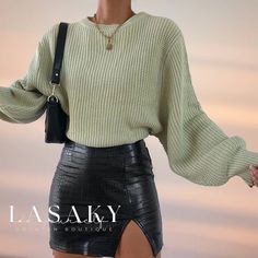 Lasaky - Round Neck Rib Knit Pullover Sweater with Bishop Sleeves - Sage Chic Acrylic Crew Neck Sweater, Puff Sleeve Sweater, Round Neck Sweaters, Leather Mini Skirts, Knitted Pullover Sweaters, Knitted Pullover, Winter Looks, Wardrobe Essentials, Pullover Sweaters