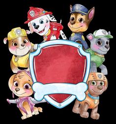 a group of cartoon dogs holding a red sign