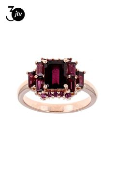 1.19ct emerald cut, 1.12ctw baguette, and .26ctw round Raspberry rhodolite 18k rose gold over sterling silver ring. Measures approximately .63"L x .44"W. Ring shank measures .06"W. Not sizeable. Ring Shank, 18k Rose Gold, Emerald Cut, Sterling Silver Ring, Silver Ring, Sterling Silver Rings, Raspberry, Jewelry Box, Emerald